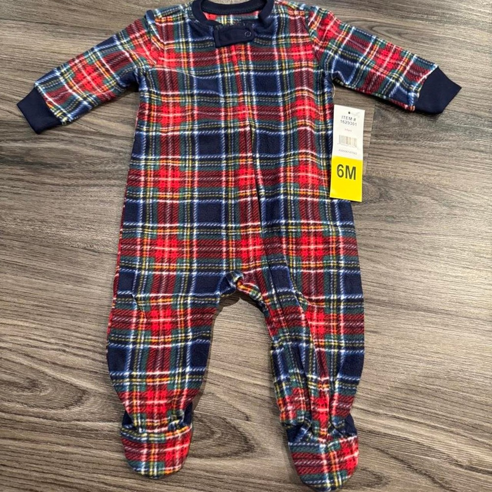 Eddie Bauer red, blue, and white Christmas plaid baby onesie size 6M